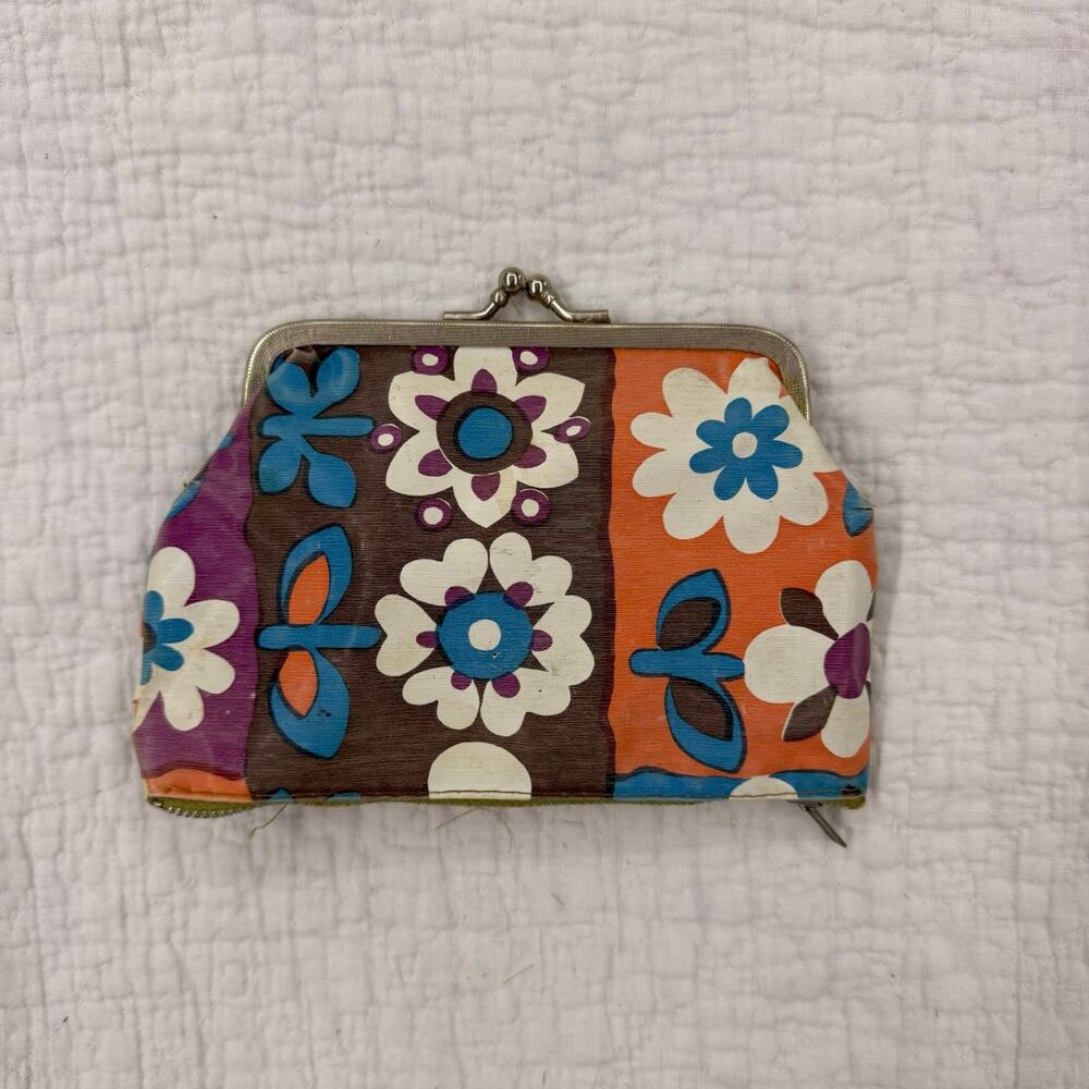 Vtg Colorful Groovy Kiss Lock Purse w Bottom Zip Purple Green Orange